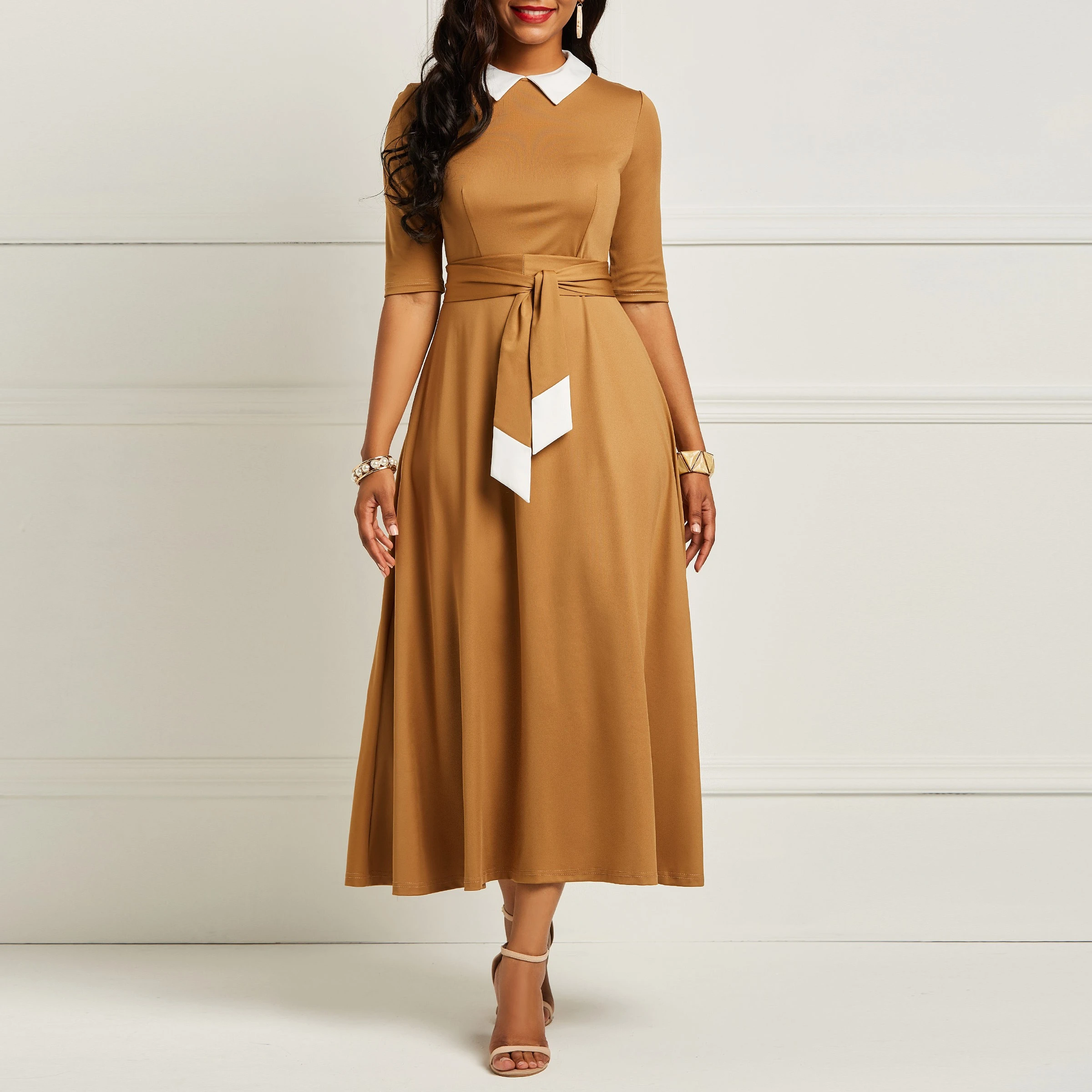 Vestido Vintage mujer otoño 2019 encaje plisado estilo Inglaterra Oficina señoras Simple graduación elegante Swing Midi vestidos| Vestidos| - AliExpress