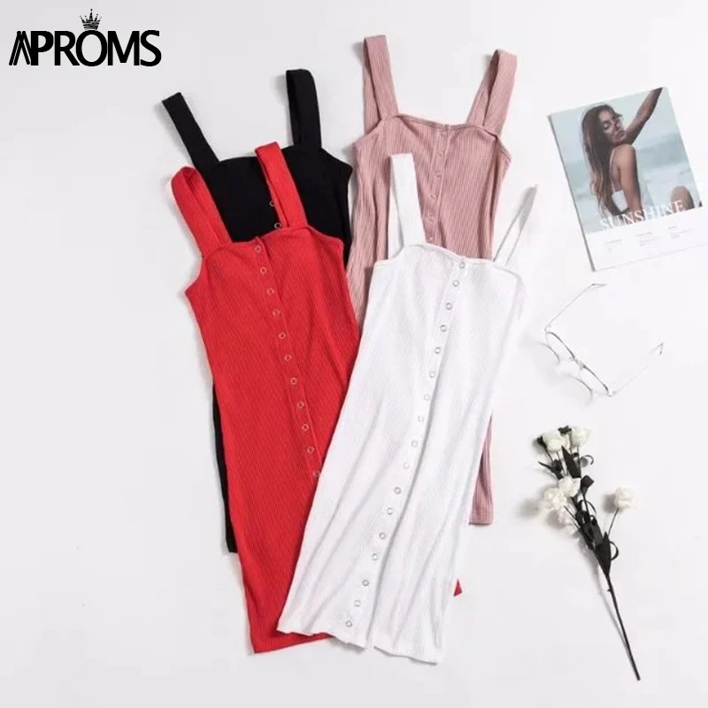 Aproms Summer Square Neck Knitted Ribbed Dress Sexy Buttons Bodycon Short Mini Dress Streetwear High Waist Dresses Vestidos