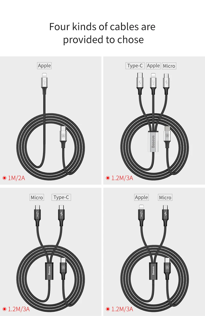 Usb-кабель Baseus 3 в 1 для iPhone X, 8, 7, 6, кабель Micro type-c для samsung S9, S8, кабель для быстрой зарядки type-c