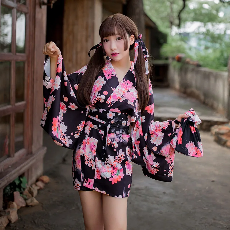 Японские тренды, стильное черное сексуальное платье кимоно, высококачественный японский костюм для косплея, традиционный женский халат, одежда для гейши - Цвет: Черный
