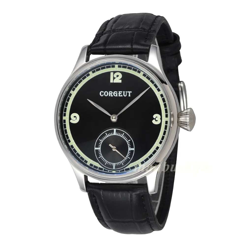 

44mm Corgeut SS Case Black Dial Leather Hand Winding 6498 Fashion Men's Watch CM2002