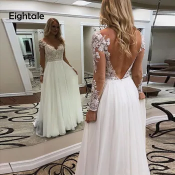 

Eightal Bohemian Wedding Dresses With Long Sleeve Backless Appliques A Line Country Wedding Gown Chiffon Boho Bridal Dress 2019