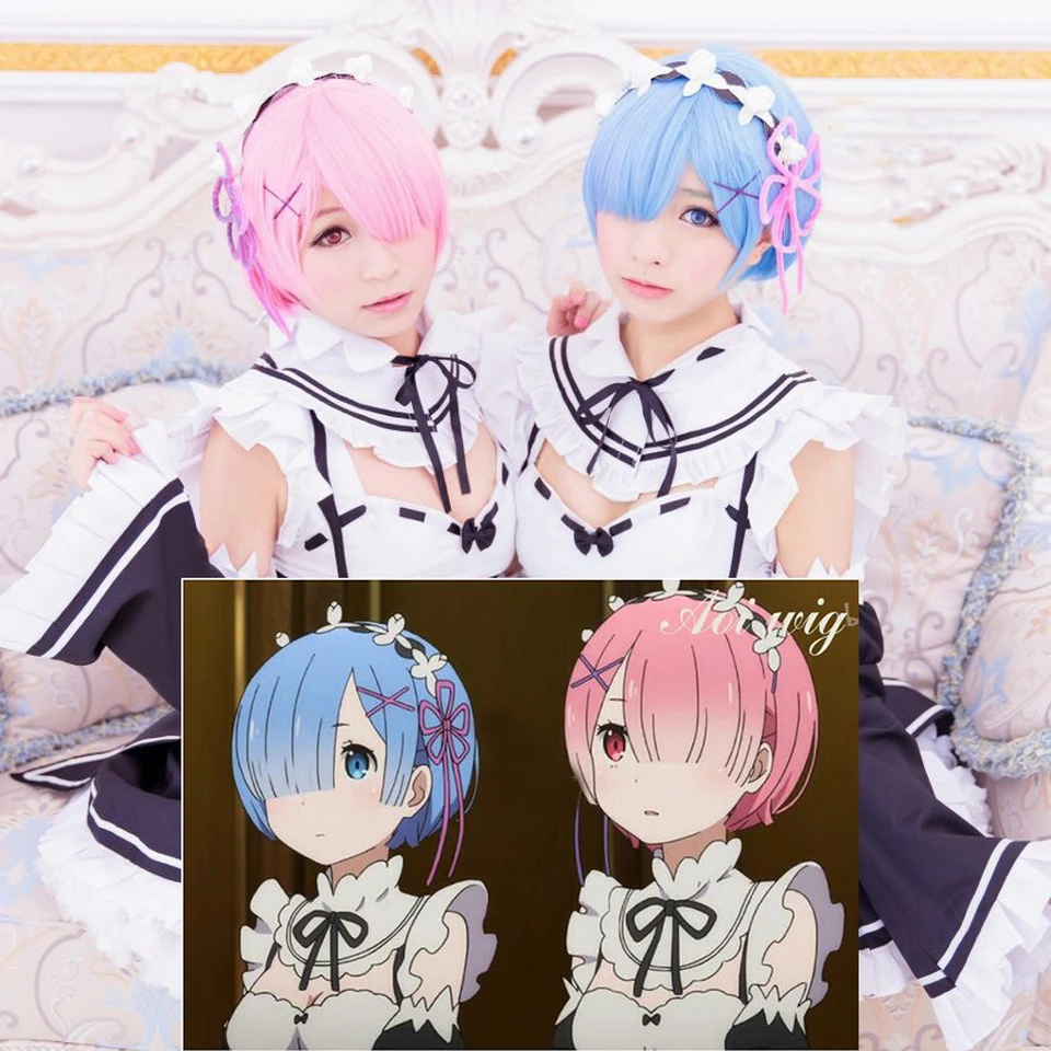 

Rem Ram Anime Cosplay Wig Blue Pink Hair Re:Life in a different world from zero Synthetic Halloween Short Bob Wigs For Women