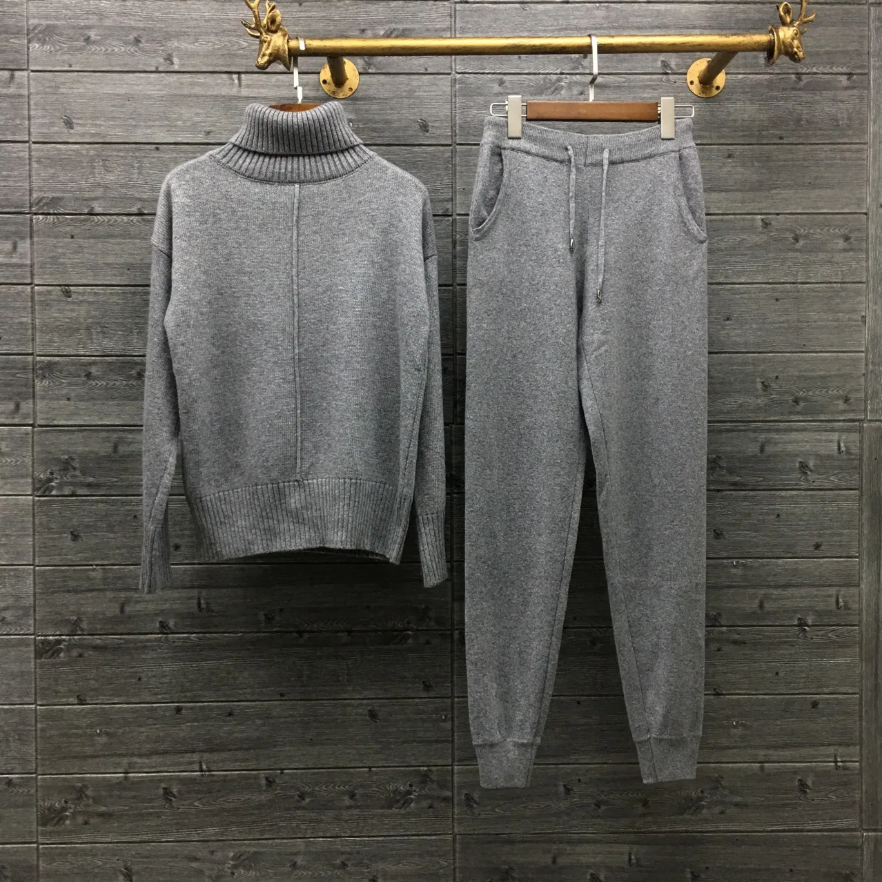 

Pullover Top Sale Full 2018 Winter European High-collar Long-sleeved Wool Knit Suit Women's Sweater + Trousers Two-piece Female