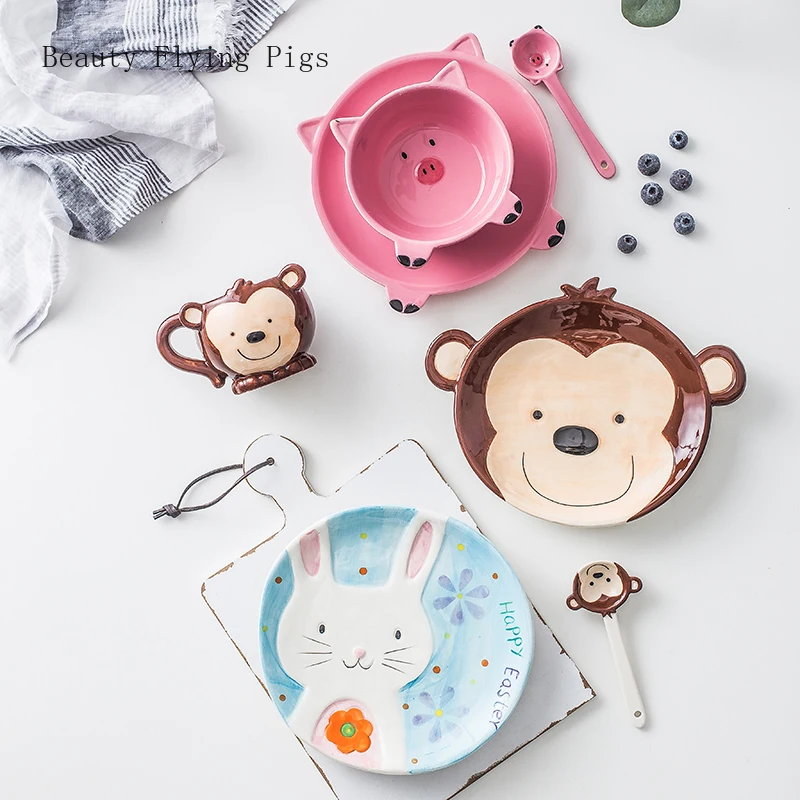 

4 Pcs/set Japanese cute ceramic cutlery set to eat bowl baby cartoon rabbit monkey pig breakfast home creative fruit plate