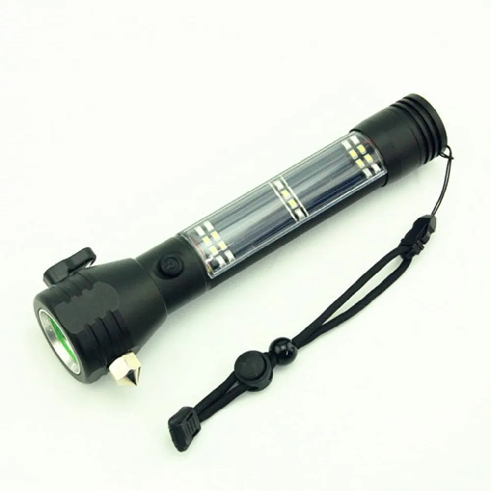 

Multi-Function Solar Powered Flashlight USB Charge Safety Hammer with Cutter Buzzer Emergency Survival Tool for Outdoor