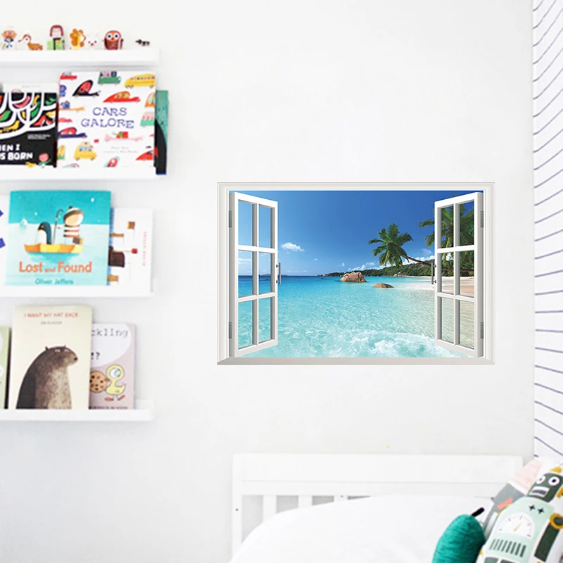Coconut Tree Ocean Beach 3D Fake Window Wall Stickers Living Room Decoration Home DIY Sea Landscape Mural Wall Art PVC Poster