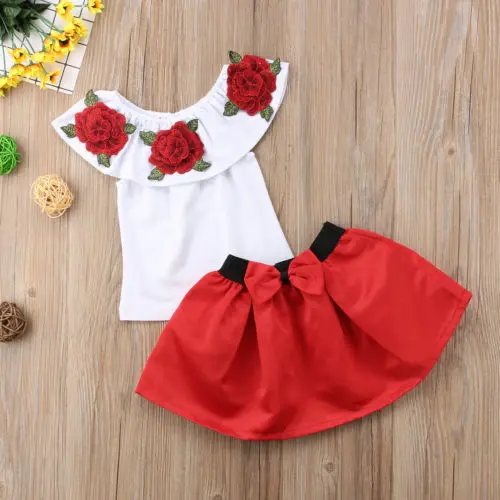 Новая детская блузка с открытыми плечами и объемными розами для маленьких девочек, топ, платье, юбка, комплект одежды - Цвет: Красный