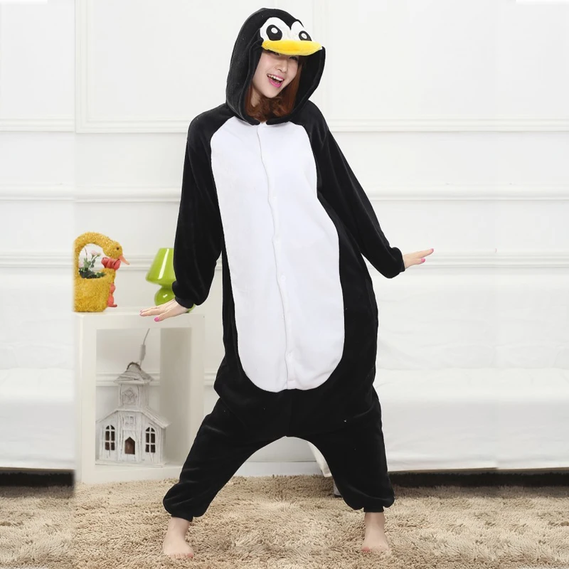 Cute Flannel Animal Penguin Kigurumi Pajamas Women Onesies For Halloween Cosplay Siamese Costume Black Soft Overall Suit