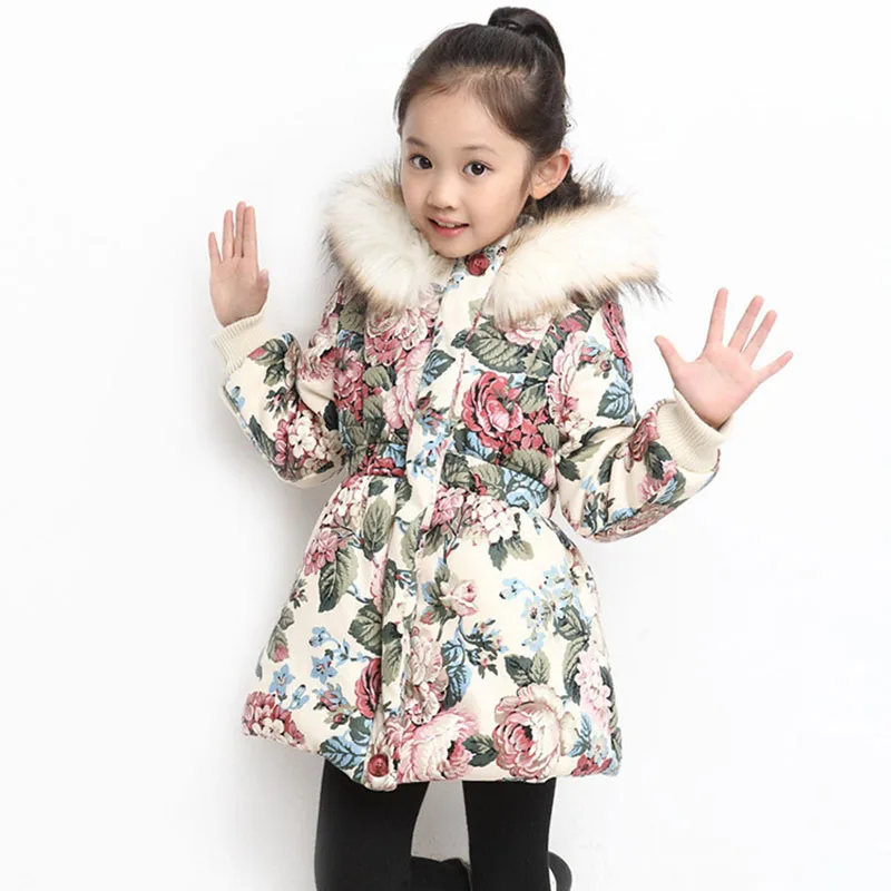 Зимние куртки для девочек, Модная парка с цветочным принтом для девочек, пальто теплая детская верхняя одежда с хлопковой подкладкой и капюшоном для детей 4, 8, 10, 12, 14 лет