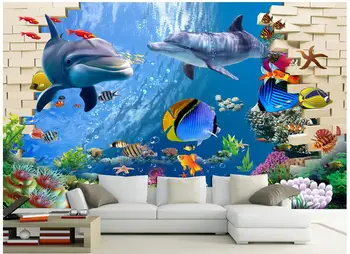 

3d wallpaper custom photo non-woven mural wall sticker 3 d The blue sea world dolphin painting 3d wall room murals wallpaper