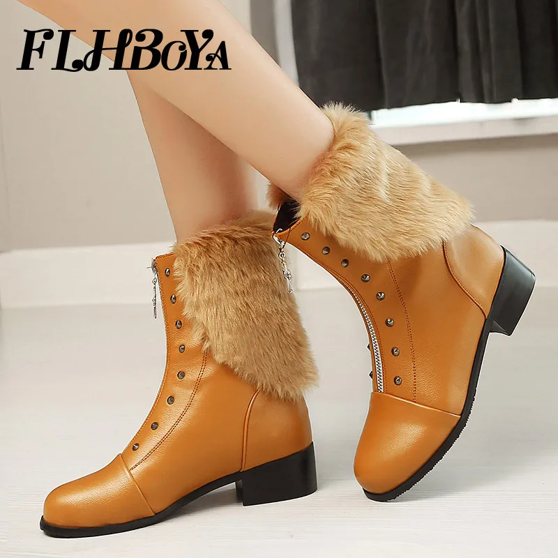 

FLHBOYA Winter Women Low Square heels Zip Snow Boots With fur Warm Plush Mid-calf Rivet Woman Martin Boot Short Shoes Plus size