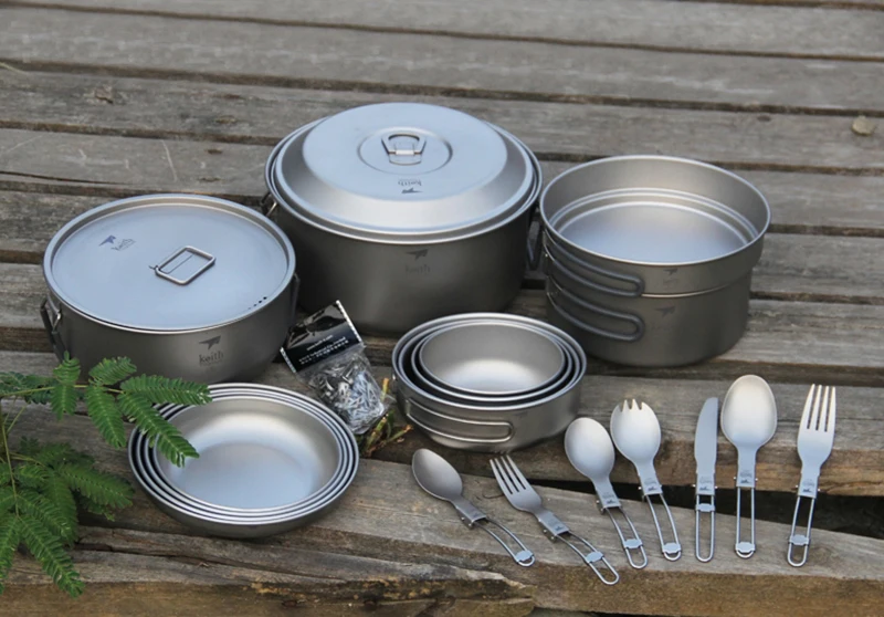 Keith Titanium Camping Sets Cooking Pots Bowls Large Outdoor Camping Set For 4-5 Person Lot Picnic Cookware Tableware Set Ti6201