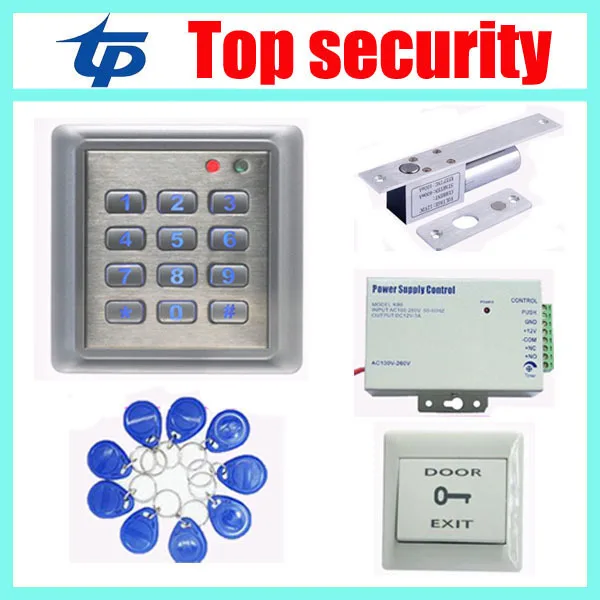 Free shipping RFID card proximity card access control+power supply+electric lock+PC exit button+10pcs RFID key access control systems proximity card waterproof standalone access control power supply magnetic lock exit button 10pcs rfid key
