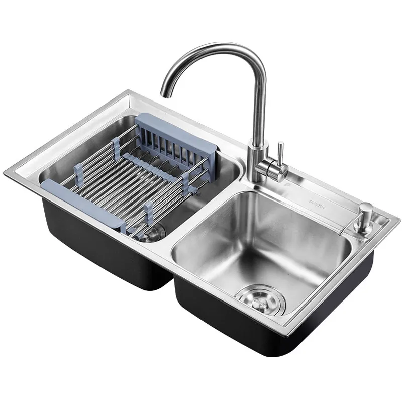 

basins SUS304 stainless steel stretching 7541 double groove kitchen sink factory direct sale with faucet double bowl