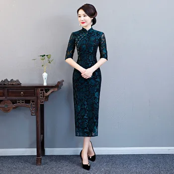 

Sexy Long Cheongsam 2019 Spring Traditional Chinese style Dress Novelty Womens Lace Qipao Slim Party Dresses Button Vestido