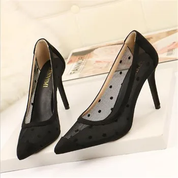 

2019 New Fine with Heel Sexy Cut-Outs Solid Lace Women Pumps Pointed Toe Shallow Fashion High Heels Shoes Women's OL Office Shoe
