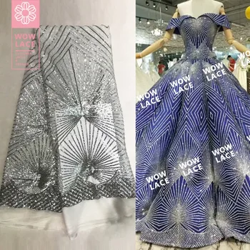 

Silver Sequins Mesh Tulle Lace Fabric 2019 Stunning Style Dubai Women Evening Prom Dresses Sequined Embroidered Laces Material