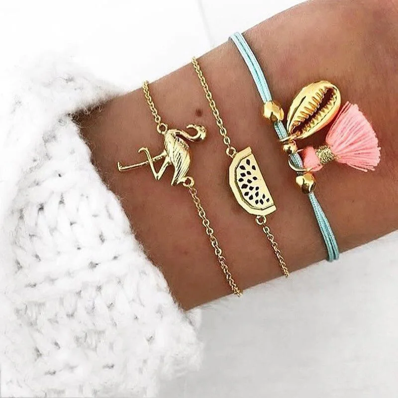 

3 Pcs/ Set Punk Women Multilayer Flamingo Shell Tassel Geometric Watermelon Leather Bracelet Set Fashion Creative Birthday Gift