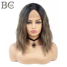 BCHR короткие волнистые 13*4 парики на кружеве для черных женщин синтетические волосы темно-корни коричневый парик средней части
