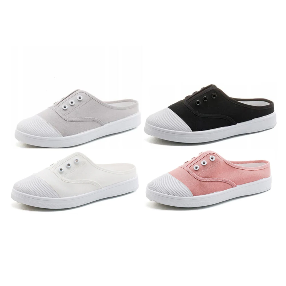 

2018 Spring Summer Woman Canvas Half Slippers Casual Slip On Lazy Shoes Female Students Breathable White Sneakers