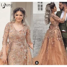 Красивые кружевные вечерние платья русалки цвета шампанского со съемным шлейфом, скромные платья с рукавами три четверти для выпускного вечера, Vestidos De Festa
