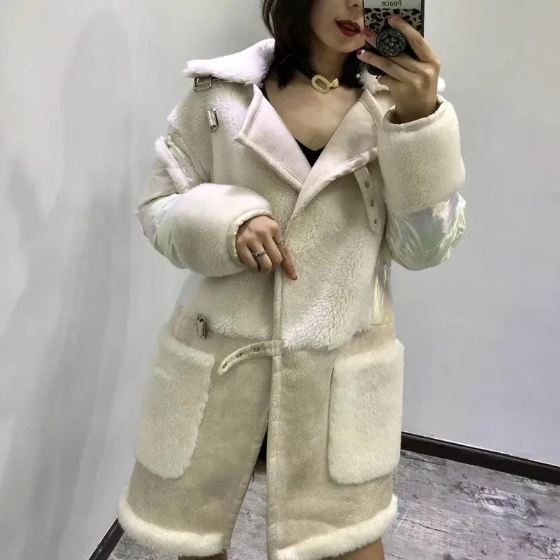 High quality wool blends coat real price new synthetic fur women winter patchwork duck down jacket thick warm female parka