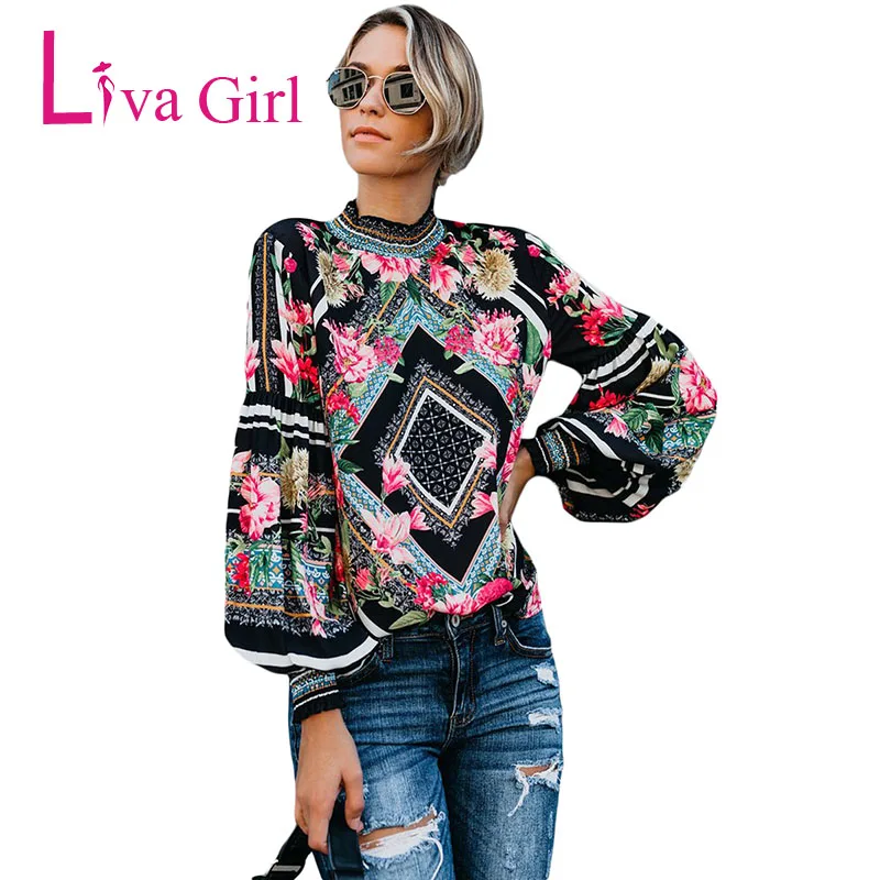

LIVA GIRL Bohemian Floral Print Blouses and Tops Gothic Women Long Sleeve Turtleneck Pullover 2019 Spring Smocked Camisas Mujer