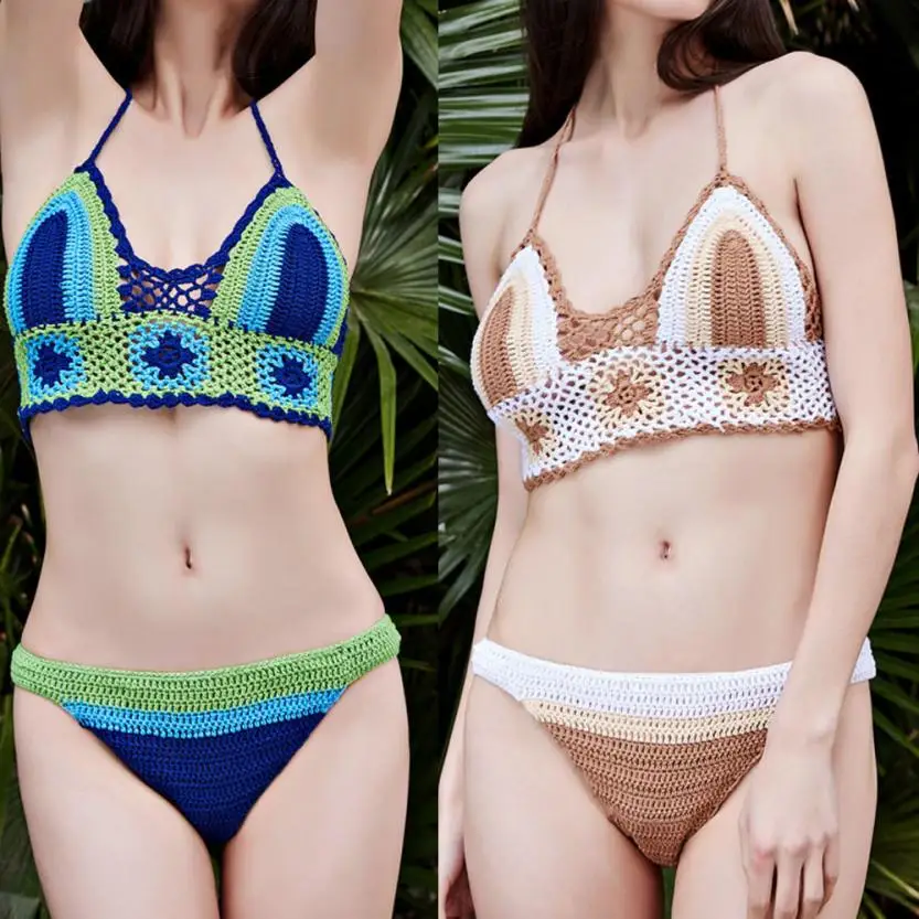 2017 Womens Handmade Crochet Knit Beach Swimsuit Knitted Bikini Swimwear Set Youthful Own Store