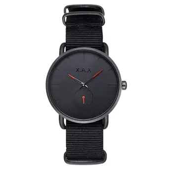 

Black Navy Watches Man. Canvas Strap Watch Red Hands Minimalist Design. Simple Black Watch Small Dial Working