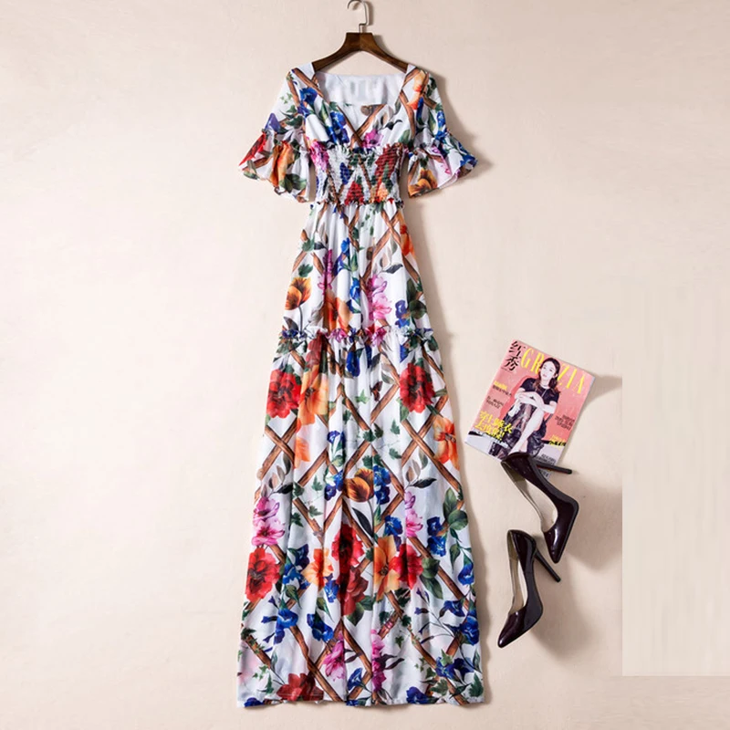 HIGH QUALITY New 2017 Designer Runway Dress Women's Flare Sleeve Square