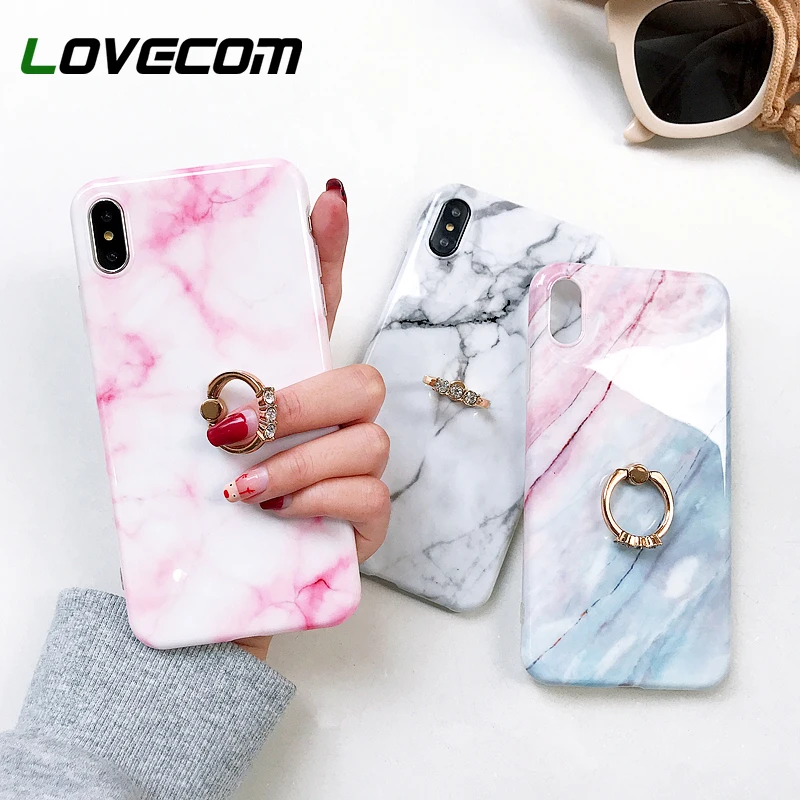 

LOVECOM Classical Glaze Marble Case For iPhone XS Max XR XS 6 6S 7 8 Plus X Ring Kickstand Holder Soft IMD Phone Back Cover Gift