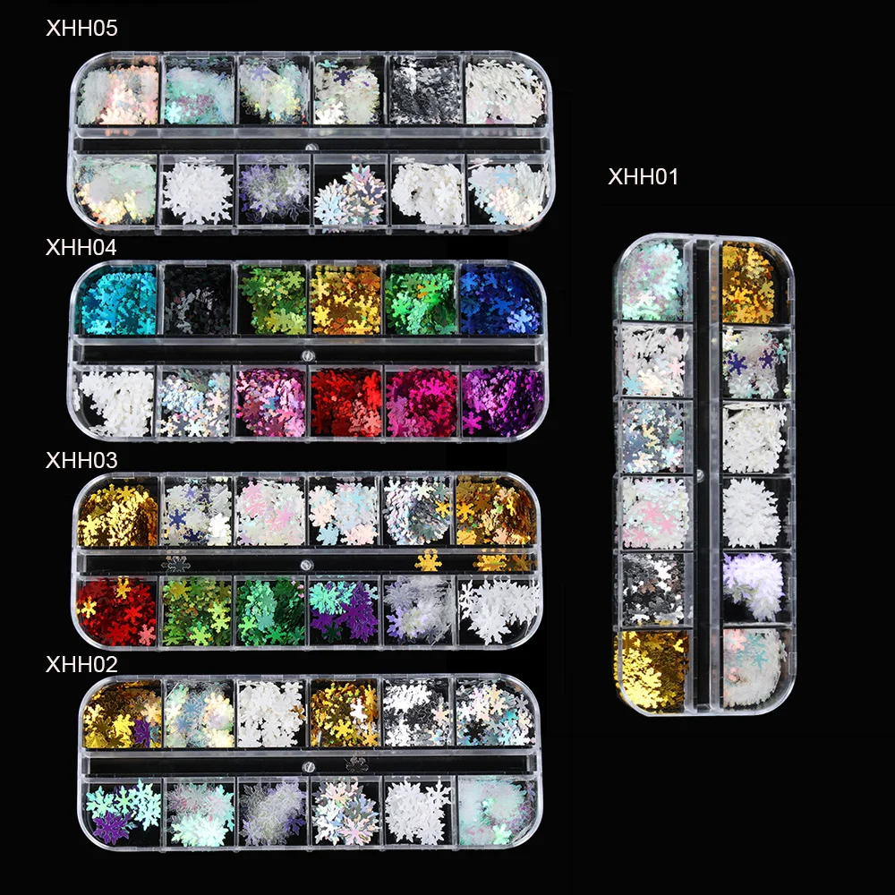1 коробка 12 Сетки смешанные AB голографические пайетки снежные цветы узоры для ногтей с блестками хлопья металлизированные для дизайна ногтей украшения маникюрные советы