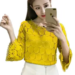 Открытые кружевные блузки рубашки Новая корейская Осенняя женская одежда расклешенные рукава О-образным вырезом тонкий женский абрикос