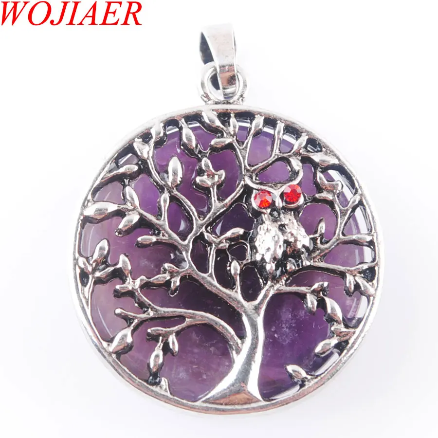

WOJIAER Natural Stone Amethyst Ancient Silver-color Hollow Tree of Life Round Flat Beads Pendant Women Men Jewelry PN3575