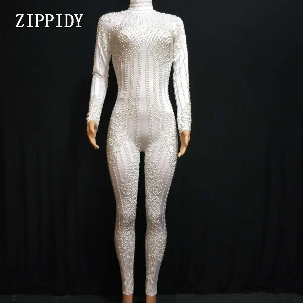 

White Pearls Stretch Bodysuit Stage Dance Wear Jumpsuit Women's Party Female Singer Costume Celebrate Outfit