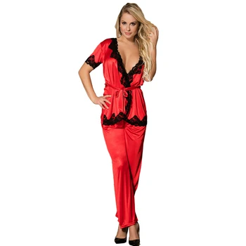 

Two-pieces tops and pants pajama set red black short sleeve pyjama ladies breathable satin pyjama pants lace sleepwear RW70224