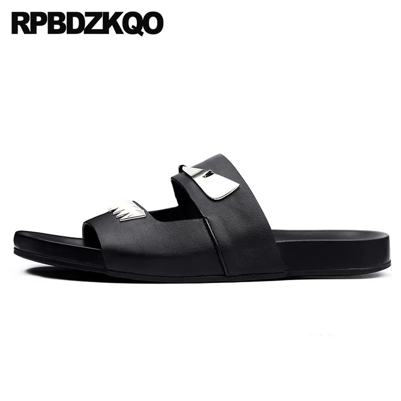 

slides beach slip on genuine leather stud men sandals summer casual large size metal flat slippers shoes 45 rivet fashion black