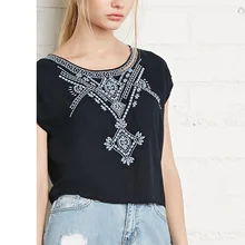 Contrast Colour Geometric Embroidery Pattern Women Blouses Female Loose Short Shirts Ladies Black Tops Plus Joker StyleLBAI0118