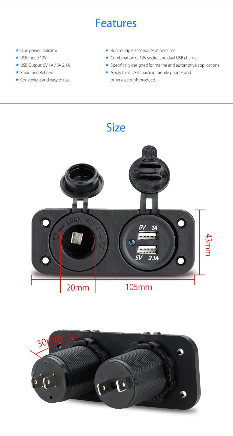 XTRONS CLA011 Dual USB автомобильный разветвитель прикуривателя 12 В Мощность адаптер выход