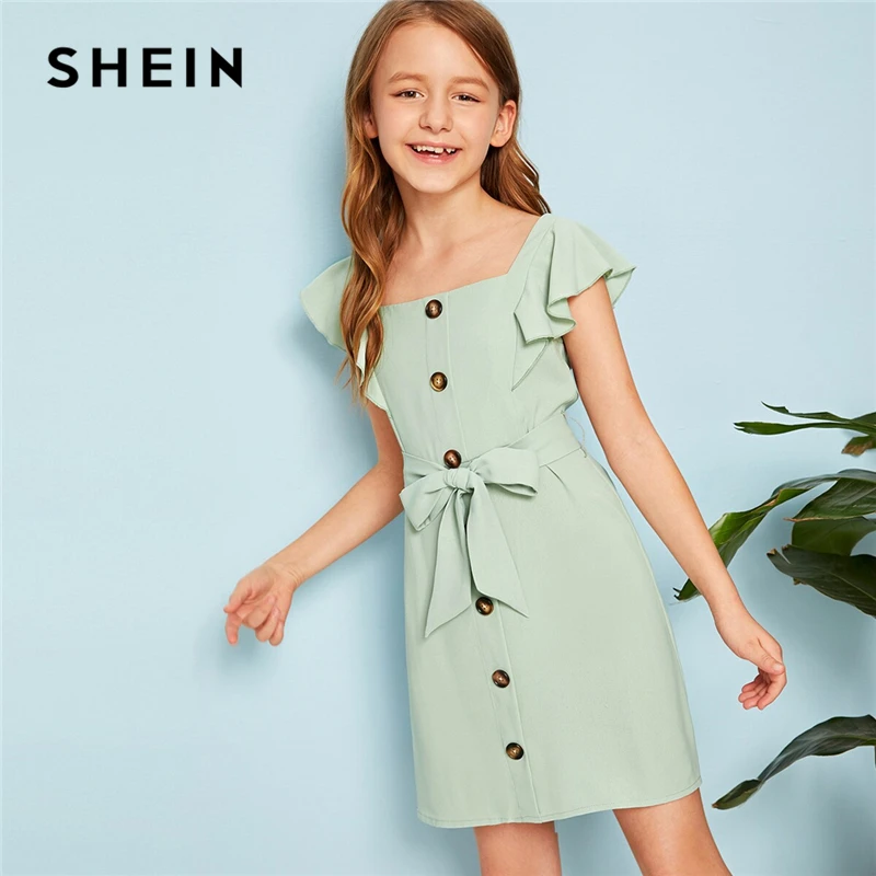 

SHEIN Kiddie Solid Square Neck Single Button Front Belted Girls Cute Dress 2019 Summer Cap Sleeve Zipper Back Mini Dresses