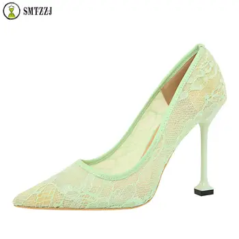 

Luxury 2019 Summer Lace Mesh Net Cloth Black Red Women Elegant Pumps Shoes Pointed Toe High Heels Wedding Evening Party Wear