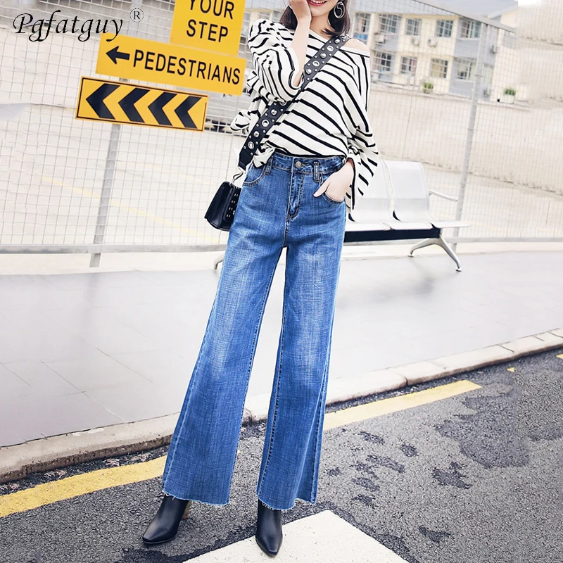 Fashion Womens Vintage Casual Slim Denim Jeans High Street Boyfriend Style Straight Full Length Jeans Sexy Burr Hem Trousers New