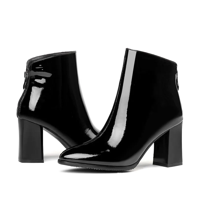 ASUMER/модные осенне-зимние ботинки черного и белого цвета женские ботинки на высоком квадратном каблуке с круглым носком на молнии ботинки из лакированной коровьей кожи Большие размеры