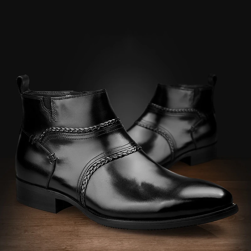Mycoron Tissé Motif Mens Mode Top Zip Bout Luxe Qualité En Pointu Bottes Main Cheville marron Chaussures De Véritable Martin Cuir Noir Marque D2IEWH9
