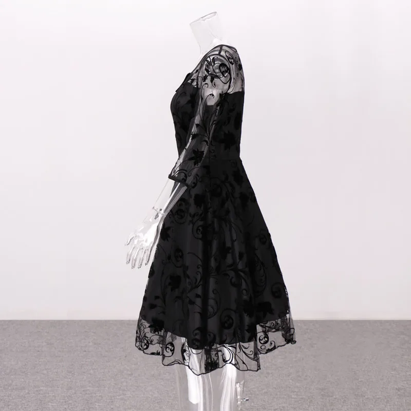 Винтажное женское кружевное платье с длинным рукавом и круглым вырезом, черное однотонное платье в стиле ретро, Элегантное летнее Праздничное Платье vestidos De Festa