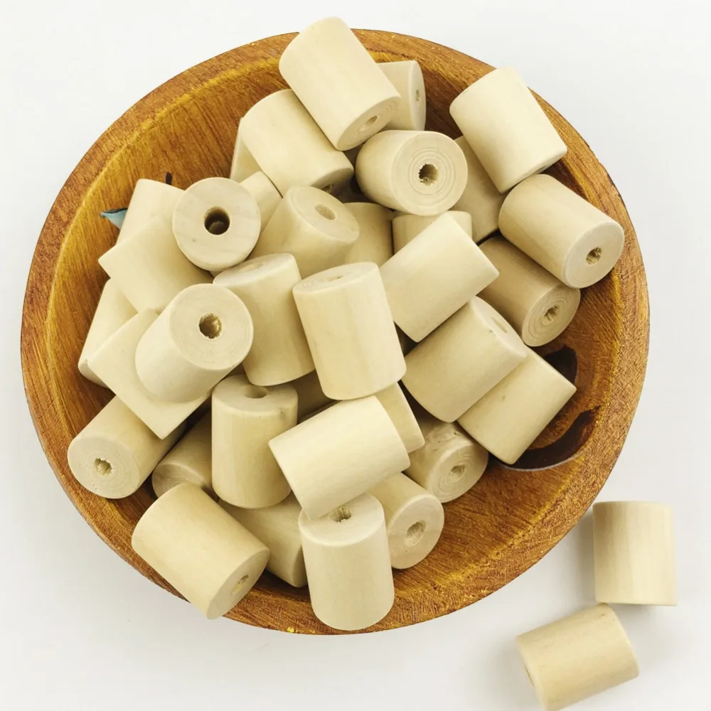 50 Natural Unfinished Wood Bead Cylinder Shaped Wooden Barrel Column Chunky Round Tube Beads DIY