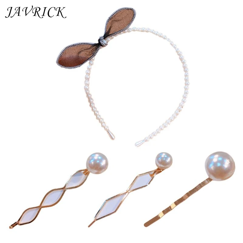 

Korean Ladies Girls Luxury Imitation Pearl Hair Clip Rabbit Ear Bowknot Metallic Headband Wedding Party Hair Styling Accessories