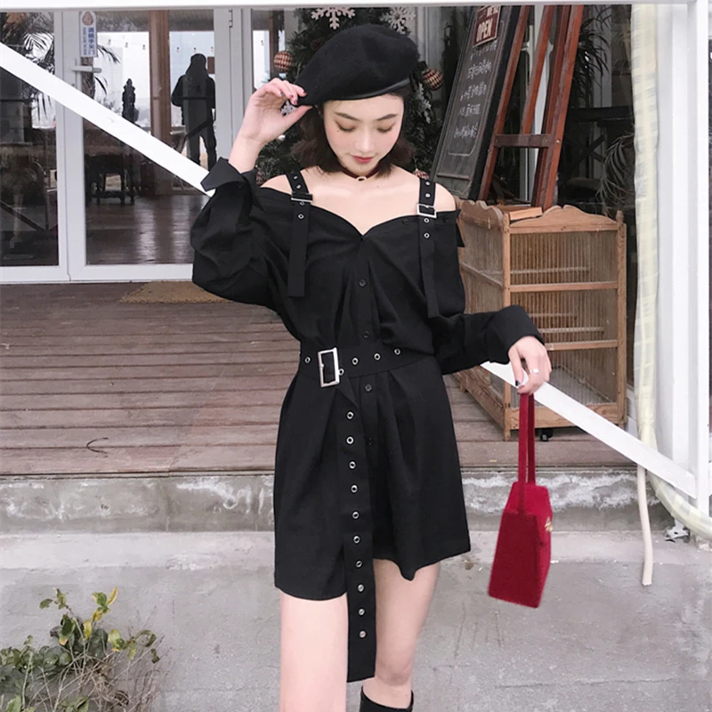 FREE SHIPPING Harajuku Goth Little Black Dress with Buckle Straps Belt ...