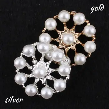 

23MM Flower Shape pearl button in Silver and Gold Plated Metal Pearl Buttons Flat Back Embellishments 50pcs RMM219